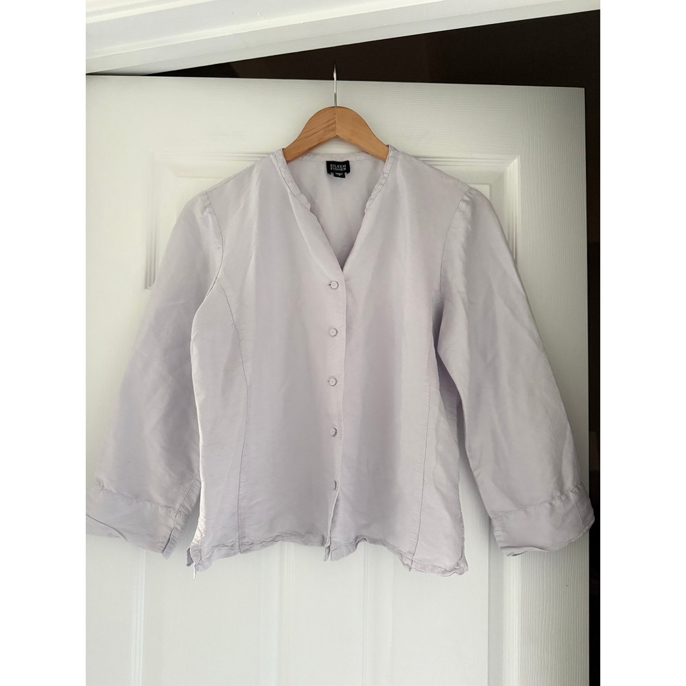 Eileen Fisher Purple Silk Button Down Blouse Puff Sleeves Mature Casual